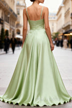 Dusty Sage Elegant Satin Long Formal Prom Dresses with Pleated