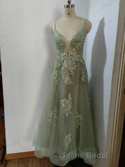 Dusty Sage Formal Prom Dress Plunging V Neck Appliques Lace-Up A-line Long Evening Gown
