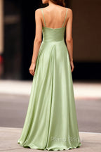 Dusty Sage Satin Long Classy Formal Prom Dresses with Pleated