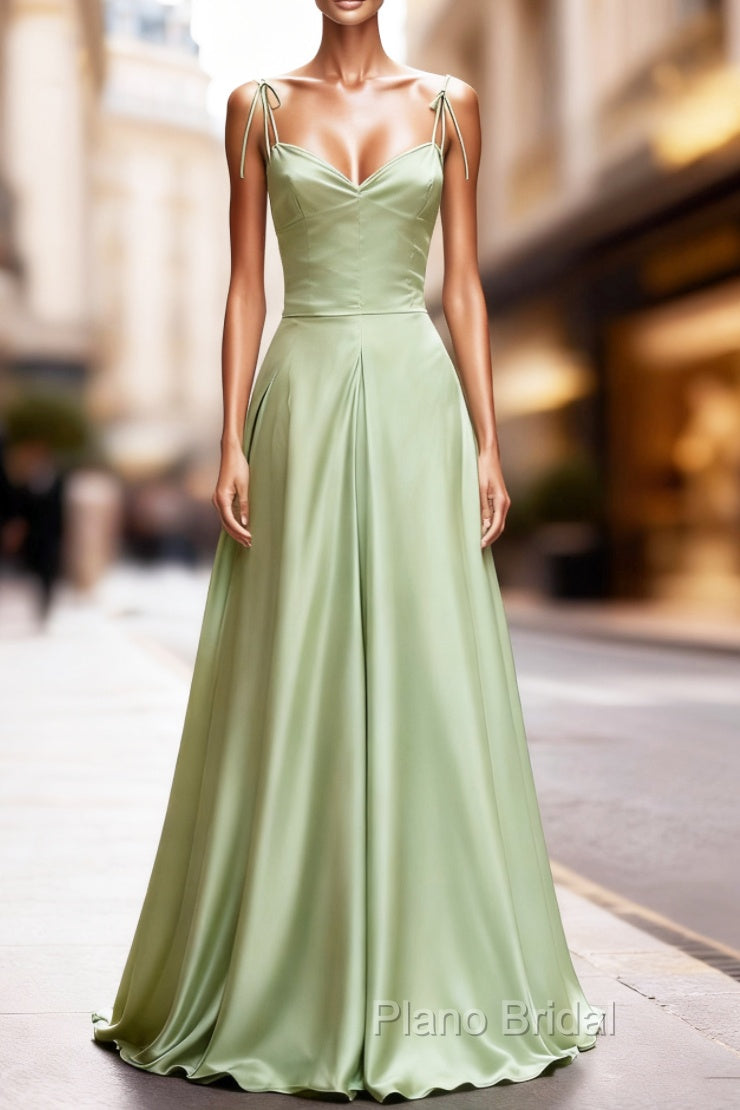 Dusty Sage Satin Long Classy Formal Prom Dresses with Pleated