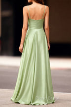 Dusty Sage Unique Satin Long Formal Prom Dresses with Pleated