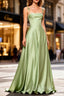Dusty Sage Unique Satin Long Formal Prom Dresses with Pleated