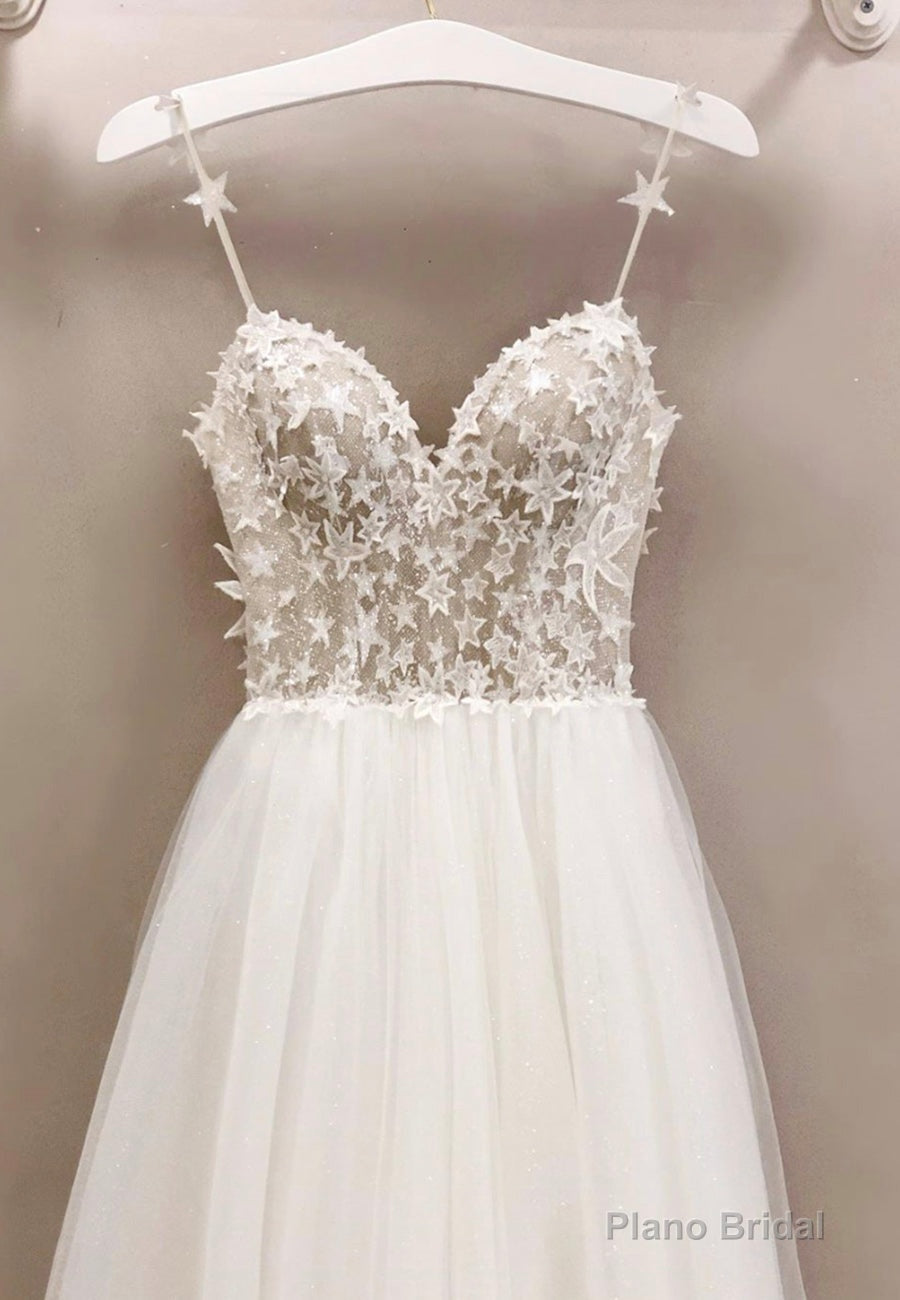 White Tulle Long A-Line Prom Dresses with Lace