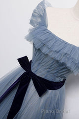 Blue Off the Shoulder Tulle Long Formal Prom Dresses with Sash, Sparkly Formal Gown