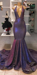Chic Deep V-Neck Sleeveless Formal Prom Dresses New Arrival Halter Memaiad Sequins Evening Gowns