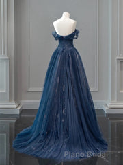A-Line Off Shoulder Tulle Lace Dark Blue Long Formal Prom Dresses, Dark Blue Long Evening Dresses