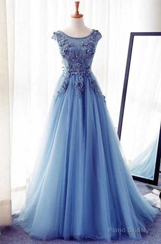 Appliques Lace Up Capped Sleeves A-Line/Princess Tulle 2025 Blue Prom Dresses Secondary image