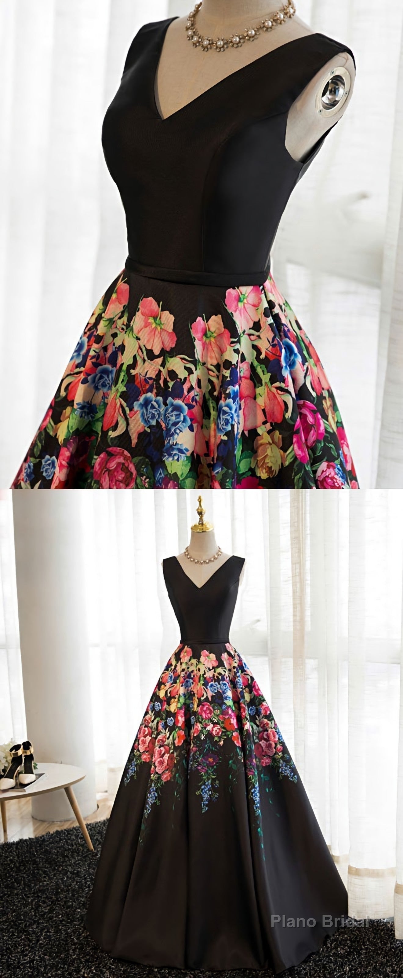 Black V Neck Floral Patterns Long Prom Dress, Black Evening Dress
