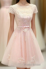 Pink Lace Tulle Short Formal Prom Dresses, Pink Evening Dresses