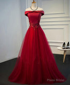 Burgundy Lace Tulle Long Prom Dress, Off Shoulder Evening Dress