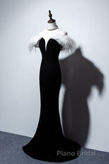 Black Velvet Mermaid Formal Prom Dresses with Feather, Off the Shoulder Long Evening Gown