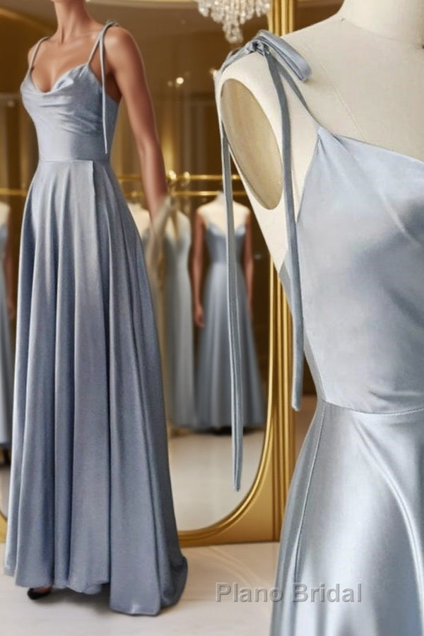 Elegant A Line Gray Satin Long Formal Prom Dresses, Gray Formal Graduation Evening Dresses Main image