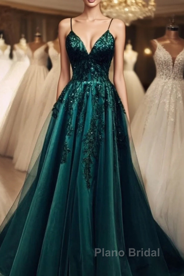Elegant A Line Green Tulle Spaghetti Straps Appliques Formal Prom Dresses Main image