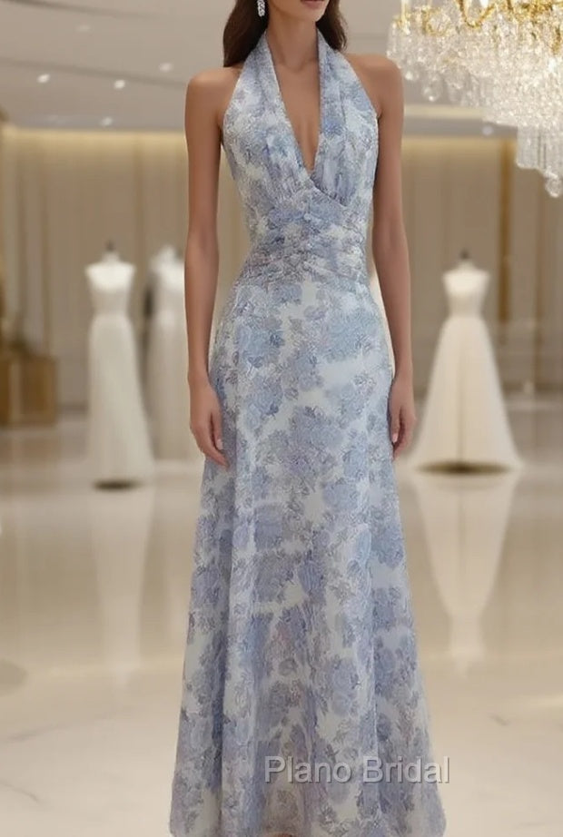 Elegant A Line Halter Lilac Floral Chiffon Long Evening Dresses Outfits Main image