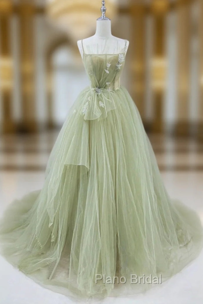 Elegant A Line Open Back Green Tulle Long Formal Prom Dresses, Green Formal Graduation Evening Dresses Main image
