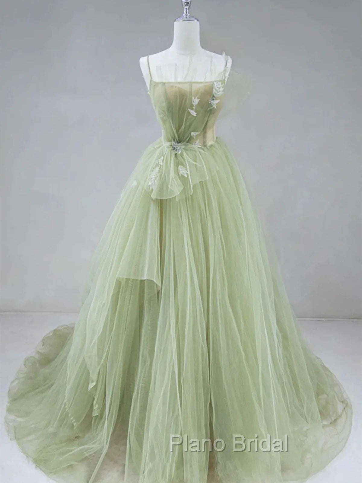 Elegant A Line Open Back Green Tulle Long Formal Prom Dresses, Green Formal Graduation Evening Dresses Secondary image
