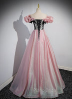 Elegant A-line Pink Off Shoulder Long Evening Dresses, Pink with Black Lace Long Formal Prom Dresses