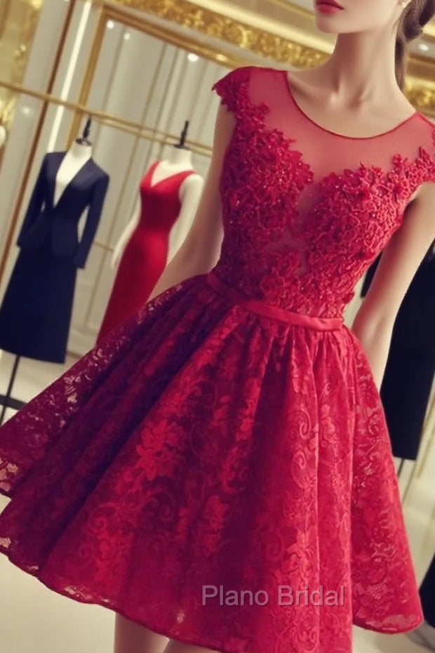 Elegant A-Line Formal Prom Homecoming Dresses Jewel Short Back Lace Applique