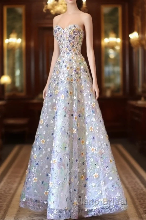 Elegant A Line Strapless Floral Long Formal Prom Dresses Main image