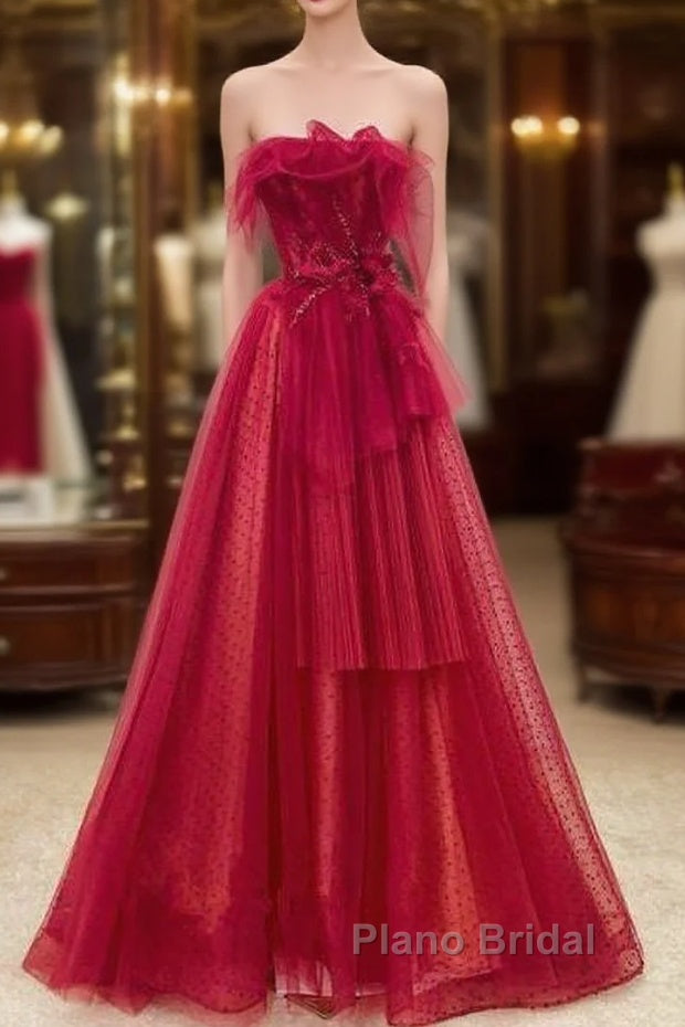Elegant A Line Strapless Red Tulle Long Formal Prom Dresses Main image