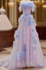 Elegant A Line Strapless Tulle Floral Formal Prom Dresses