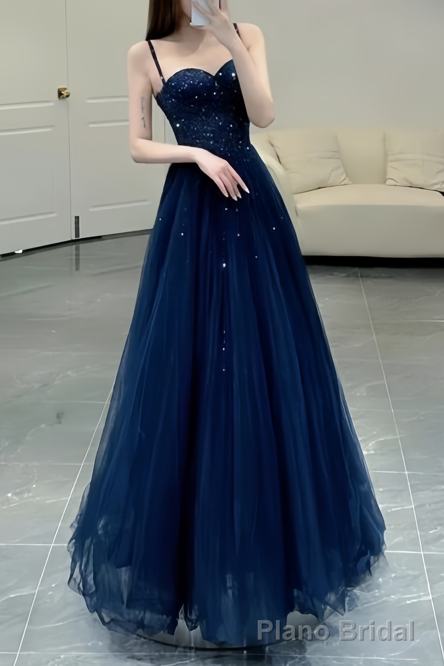 Elegant A line Straps Tulle Navy Blue Prom Dresses Formal Evening Dress Main image