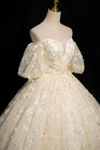 Elegant A-Line Tulle Floor Length Formal Prom Dresses, Champagne Off The Shoulder Evening Party Dresses