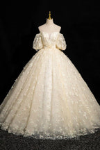 Elegant A-Line Tulle Floor Length Formal Prom Dresses, Champagne Off The Shoulder Evening Party Dresses