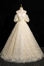 Elegant A-Line Tulle Floor Length Formal Prom Dresses, Champagne Off The Shoulder Evening Party Dresses