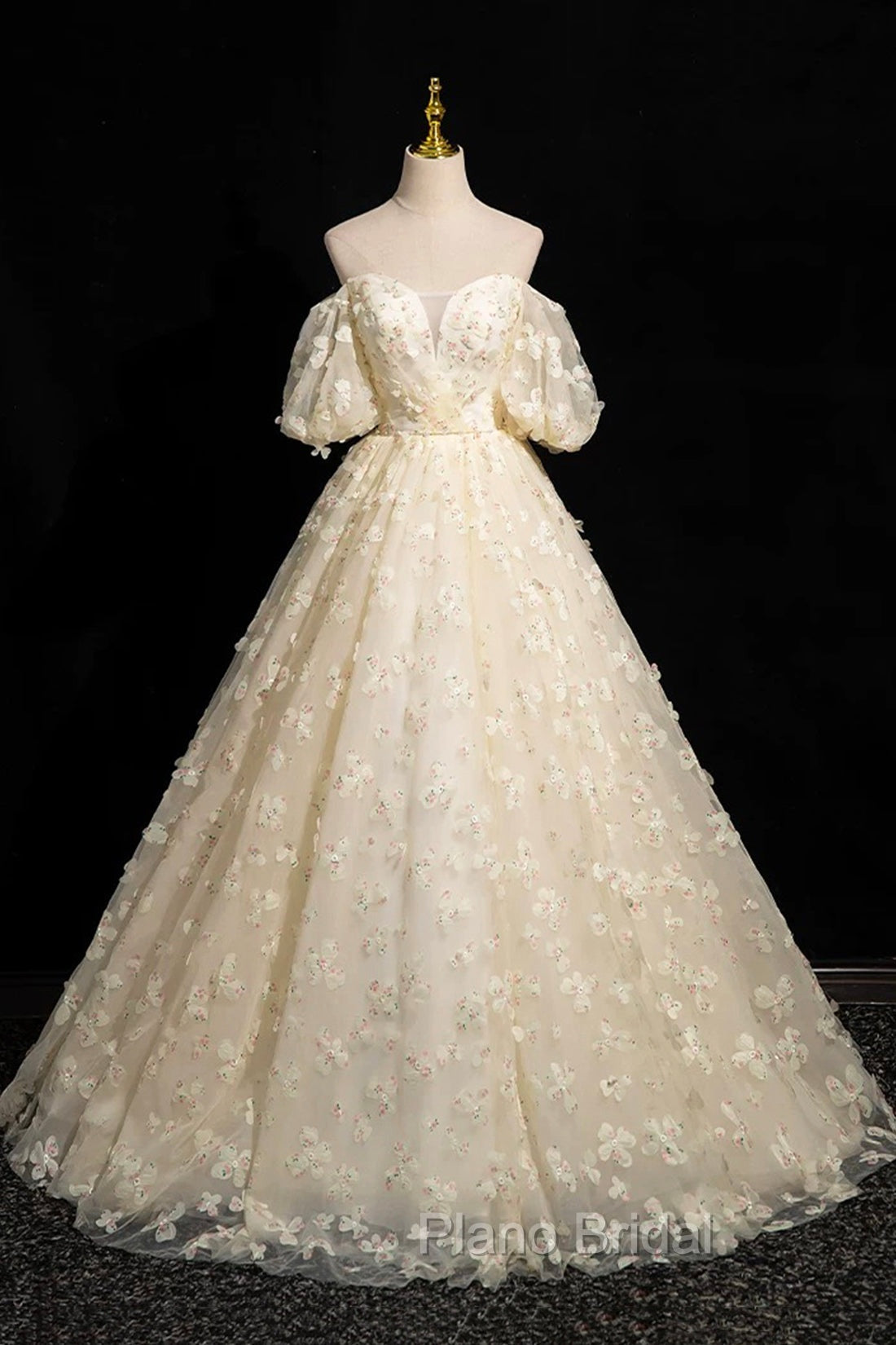 Elegant A-Line Tulle Floor Length Formal Prom Dresses, Champagne Off The Shoulder Evening Party Dresses