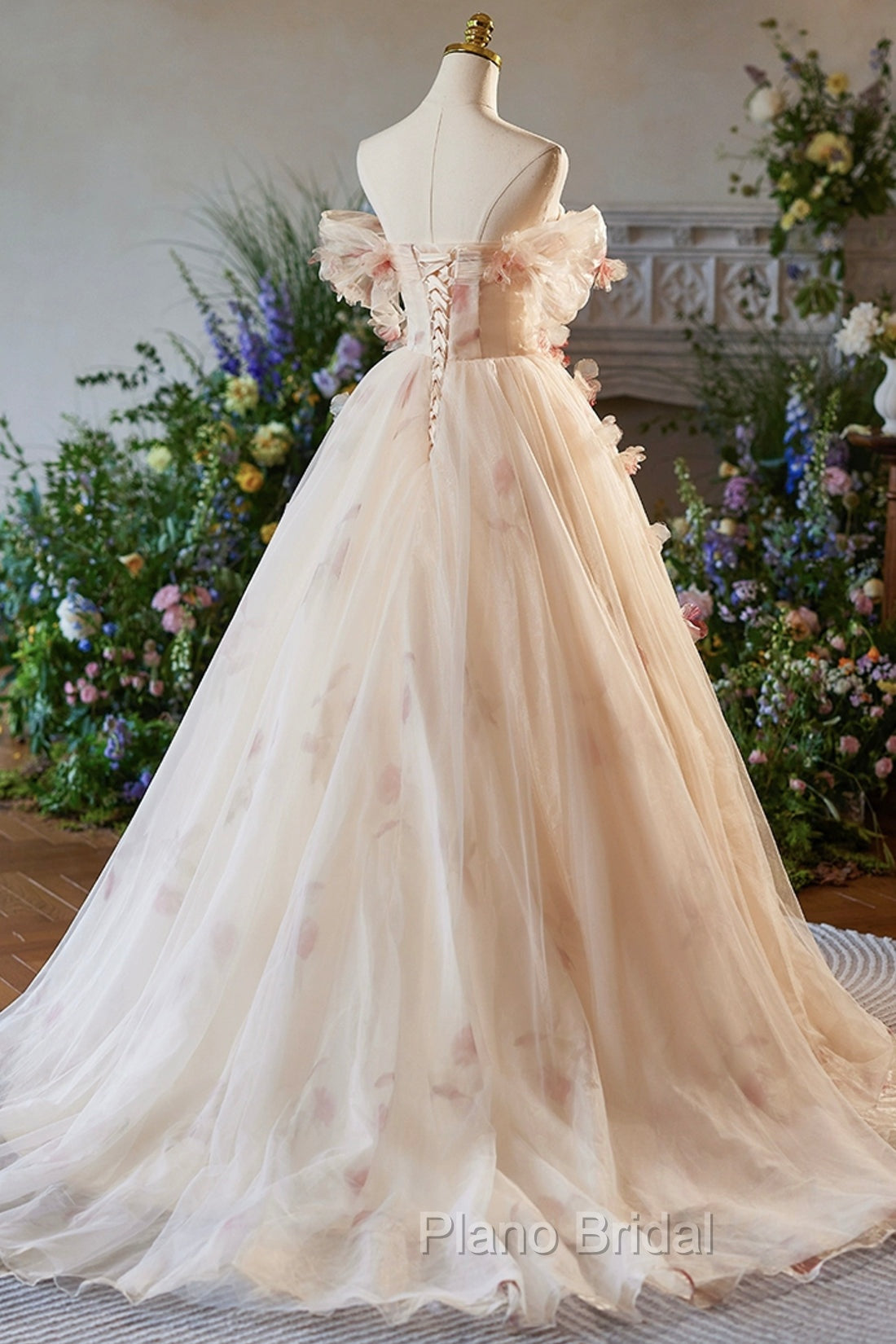 Elegant A-Line Tulle Floor Length Formal Prom Dresses, Champagne Off The Shoulder Party Dresses