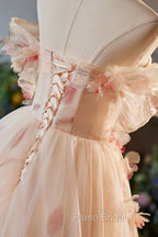 Elegant A-Line Tulle Floor Length Formal Prom Dresses, Champagne Off The Shoulder Party Dresses