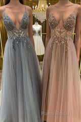 Elegant A line tulle lace long Formal Prom dress, tulle formal dress