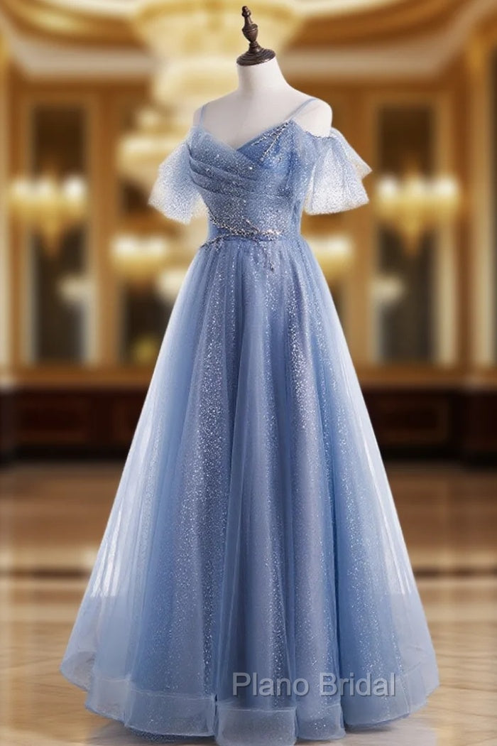 Elegant  A line Tulle Sequin Blue Long Formal Prom Dresses, Tulle Blue Formal Evening Dresses Main image