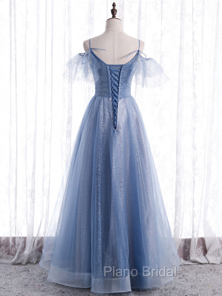 Elegant  A line Tulle Sequin Blue Long Formal Prom Dresses, Tulle Blue Formal Evening Dresses