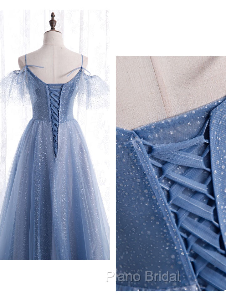 Elegant  A line Tulle Sequin Blue Long Formal Prom Dresses, Tulle Blue Formal Evening Dresses