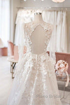 Elegant A-Line V-Neck Long Sleeved Ivory Sheer And Floor Length Wedding Dresses