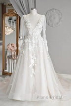 Elegant A-Line V-Neck Long Sleeved Ivory Sheer And Floor Length Wedding Dresses