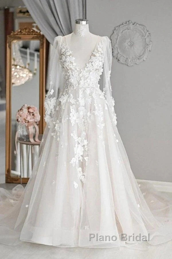 Elegant A-Line V-Neck Long Sleeved Ivory Sheer And Floor Length Wedding Dresses