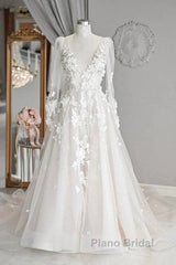 Elegant A-Line V-Neck Long Sleeved Ivory Sheer And Floor Length Wedding Dresses
