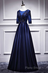 Elegant And Noble Blue Short Sleeved Lace Decal Ball Dresses With Blue V-Neck Satin And Beaded Back Zipper And Floor Length Formal Dresses