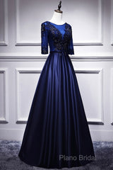 Elegant And Noble Blue Short Sleeved Lace Decal Ball Dresses With Blue V-Neck Satin And Beaded Back Zipper And Floor Length Formal Dresses