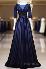 Elegant And Noble Blue Short Sleeved Lace Decal Ball Dresses With Blue V-Neck Satin And Beaded Back Zipper And Floor Length Formal Dresses