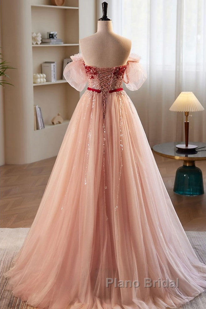Elegant And Sweet Powder Blusher Powder Beading Sequins Off Shoulder Short Sleeve Formal Prom Dresses Powder Blusher Powder A-Shaped Princess Bow Belt Tulle Backless And Floor Length Evening Dresses