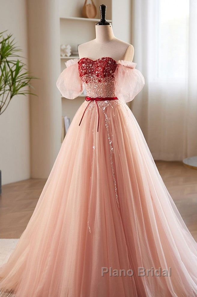 Elegant And Sweet Powder Blusher Powder Beading Sequins Off Shoulder Short Sleeve Formal Prom Dresses Powder Blusher Powder A-Shaped Princess Bow Belt Tulle Backless And Floor Length Evening Dresses