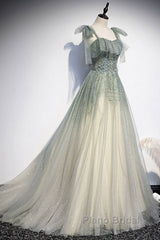 Elegant And Sweet Sage Green Sleeveless Off Shoulder Beads With Sparkling Sheer Sequins Formal Prom Dresses Sage Green A-Line Princess Shoulder Off Back Sweeping Train Ruffle Edge Evening Dresses