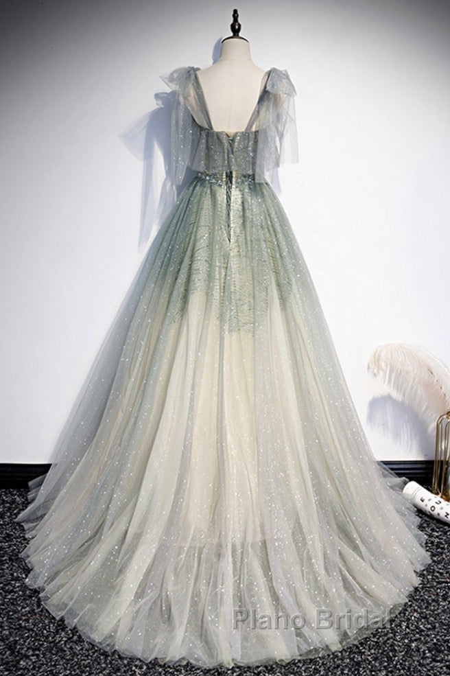 Elegant And Sweet Sage Green Sleeveless Off Shoulder Beads With Sparkling Sheer Sequins Formal Prom Dresses Sage Green A-Line Princess Shoulder Off Back Sweeping Train Ruffle Edge Evening Dresses Secondary image