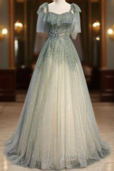 Elegant And Sweet Sage Green Sleeveless Off Shoulder Beads With Sparkling Sheer Sequins Formal Prom Dresses Sage Green A-Line Princess Shoulder Off Back Sweeping Train Ruffle Edge Evening Dresses