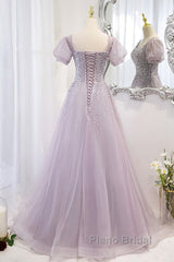 Elegant And Unique Lavender Square Neckline Fluffy Short Sleeved Beaded Sequin Ball Dresses Lavender A-Line Princess Sheer Backless Strap And Floor Length Evening Dresses