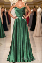 Elegant Backless Green Satin Long Formal Prom Dresses, Backless Green Formal Graduation Evening Dress